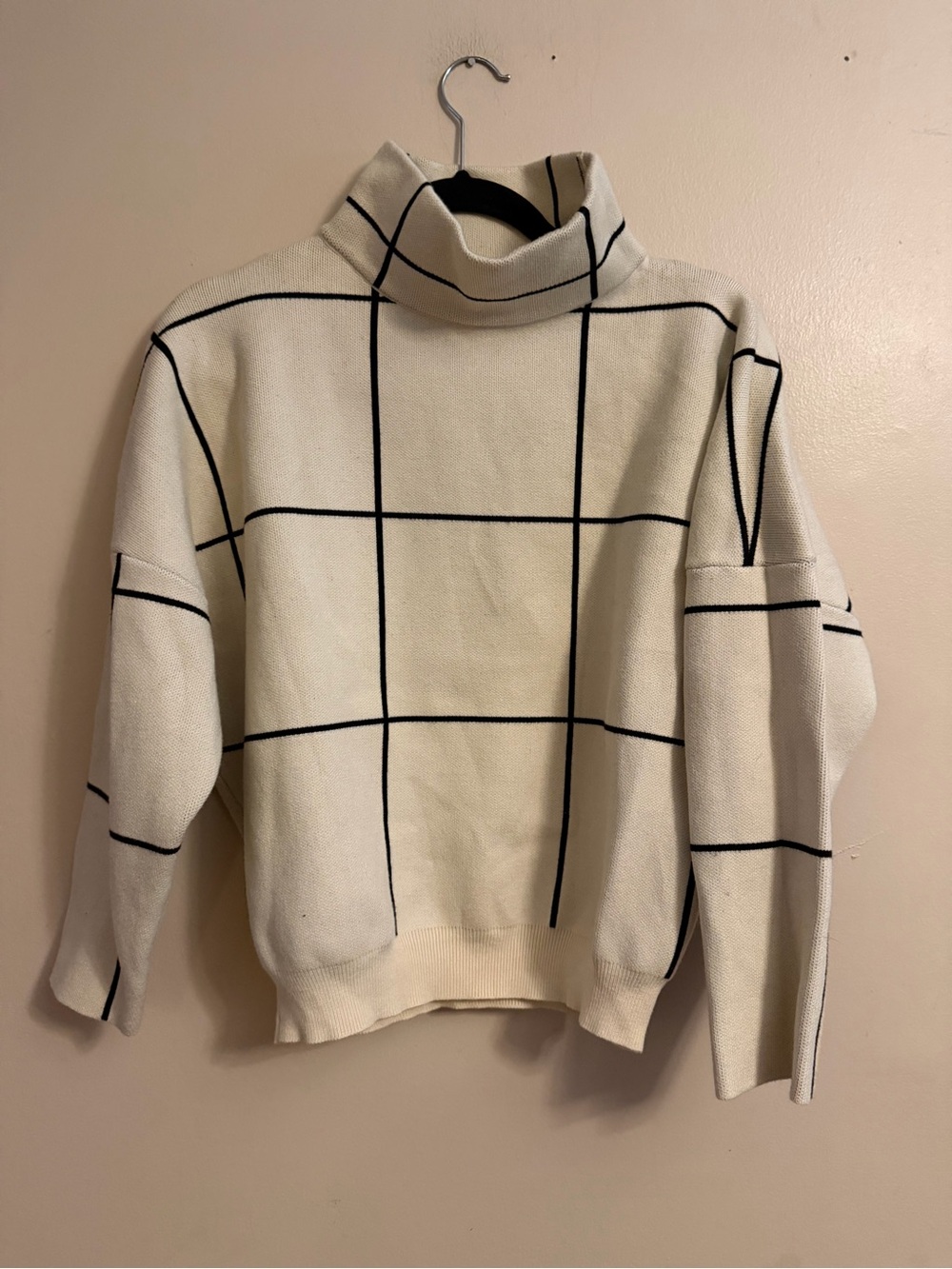 Chicwish Cream Turtleneck Sweater with Black Windowpane Grid